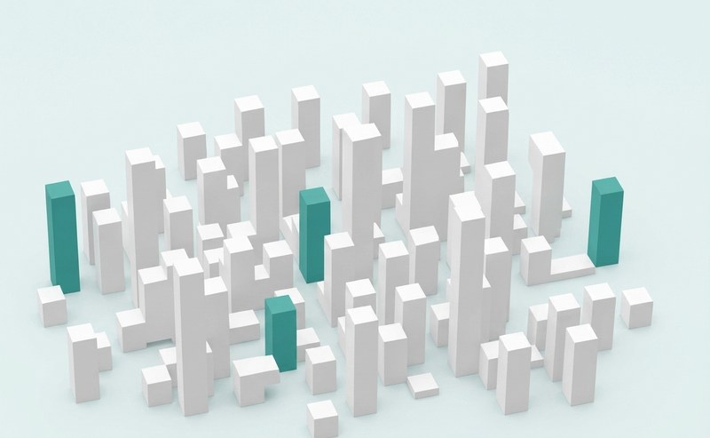 Isometric city — teal = green certified